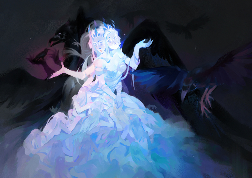 1boy, 1girl, beak, bird, bird_boy, black_feathers, crow, dark_background, extra_arms, extra_faces, feathers, glowing, glowing_eyes, highres, princess_(slay_the_princess), slay_the_princess, smile, the_hero_(slay_the_princess), the_shifting_mound_(slay_the_princess), tiara, white_hair, wings, yampishna