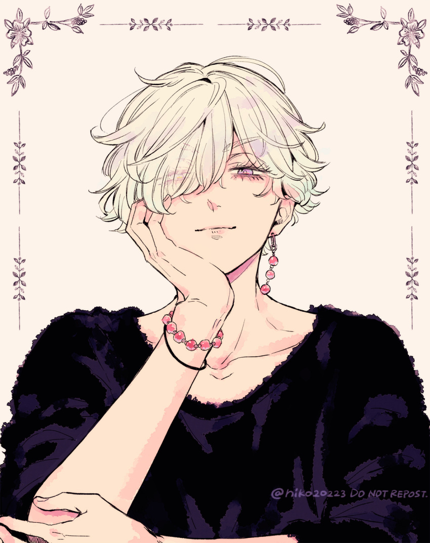 1boy, albino, black_sweater, bracelet, commentary_request, earrings, ears_visible_through_hair, fur-trimmed_sweater
