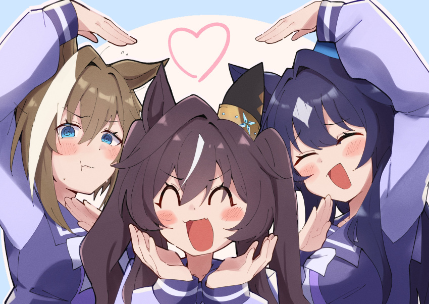 3girls, absurdres, animal_ears, blue_eyes, blue_hair, blush, bow, bowtie