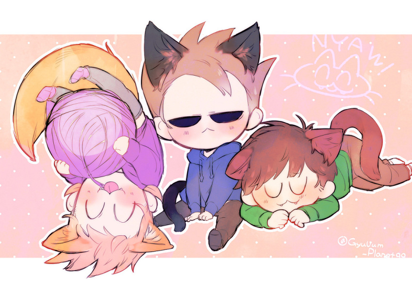 3boys, :3, ^_^, animal_ears, artist_name, black_pants, black_socks, blue_hoodie