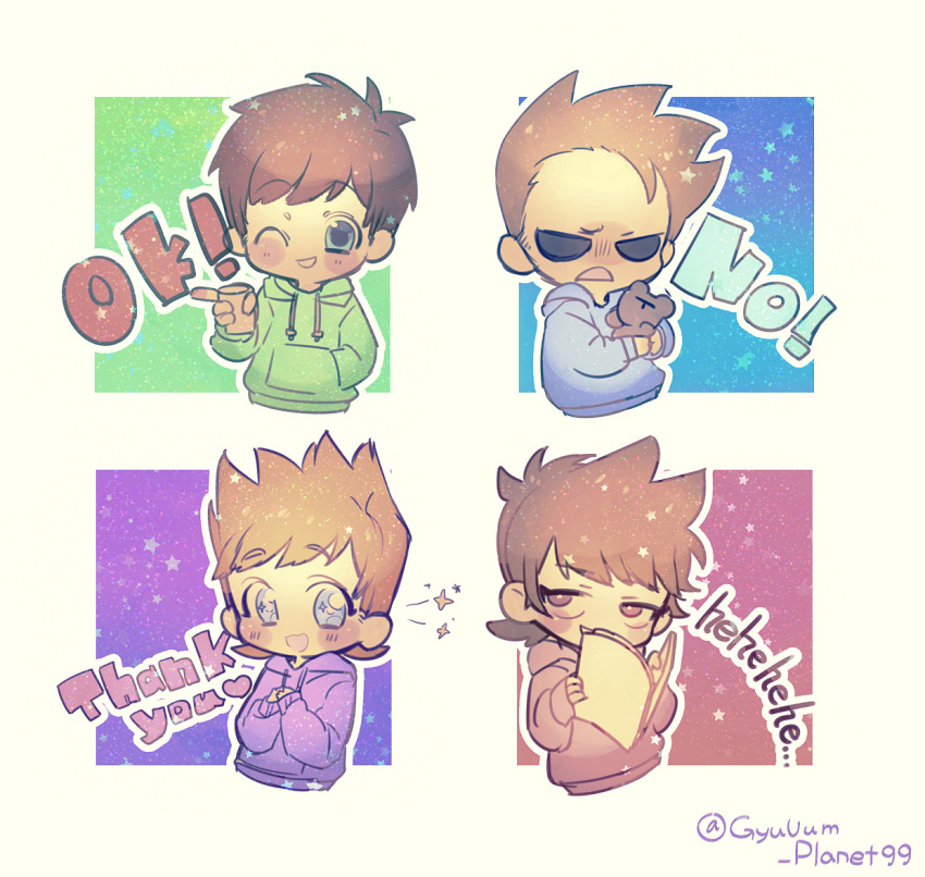 4boys, :d, angry, animification, antenna_hair, artist_name, blue_eyes, blue_hoodie