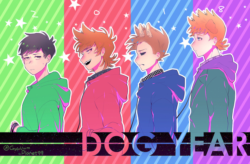 2018, 4boys, animal_ears, animification, antenna_hair, artist_name, blue_eyes, blush