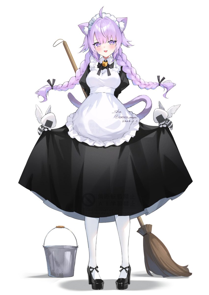 1girl, animal_ears, apron, black_dress, braid, breasts, broom, cat_ears