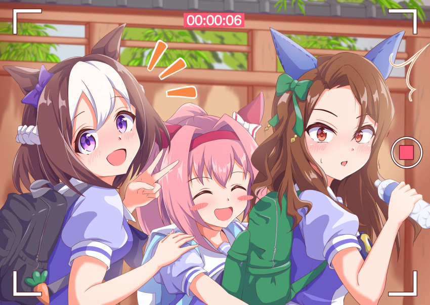 3girls, animal_ears, backpack, bag, blush, blush_stickers, bottle, bow