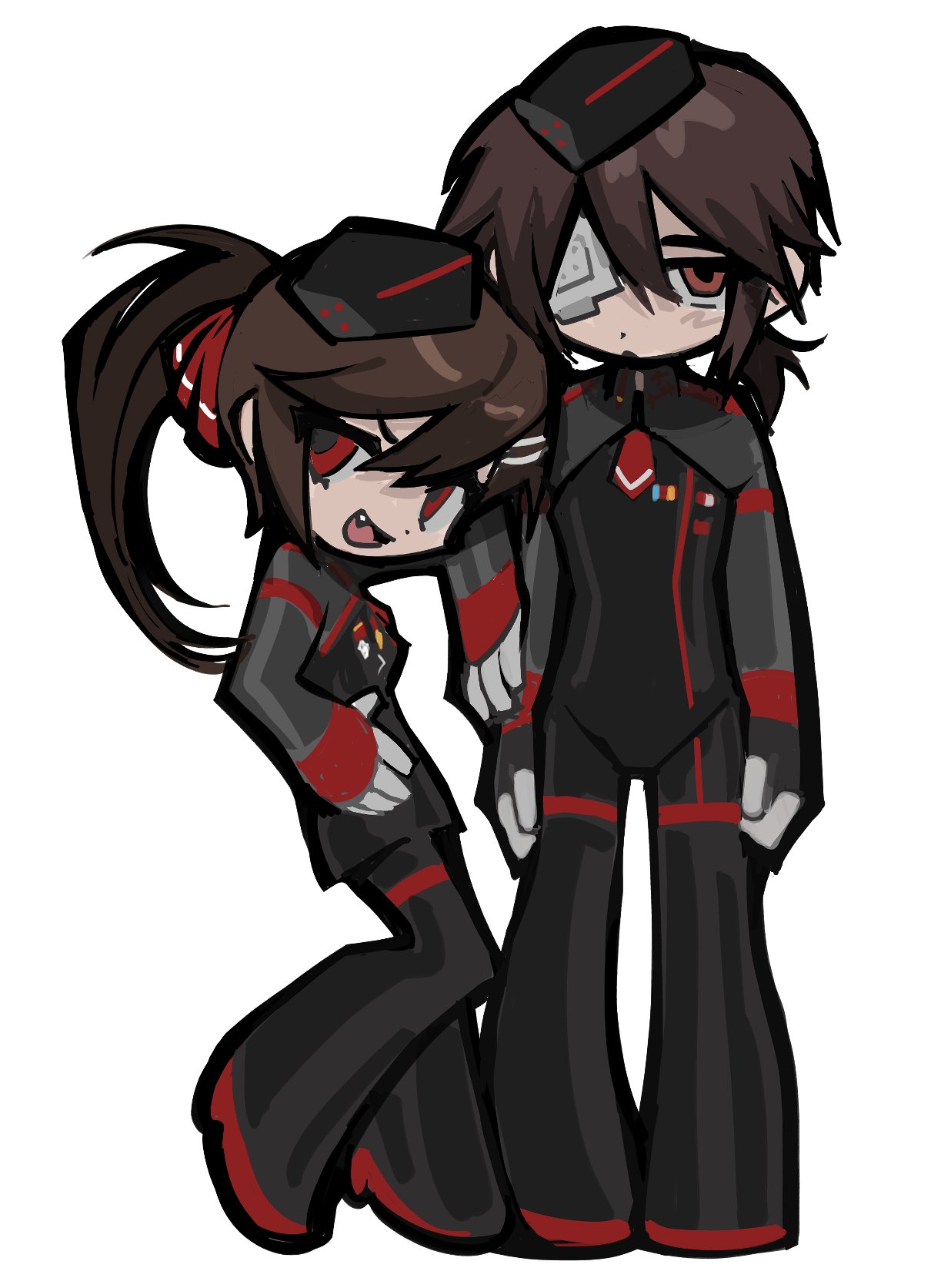 2girls, alina_seo, black_hat, black_jacket, brown_hair, chibi, chibi_only, eve_(everotten)
