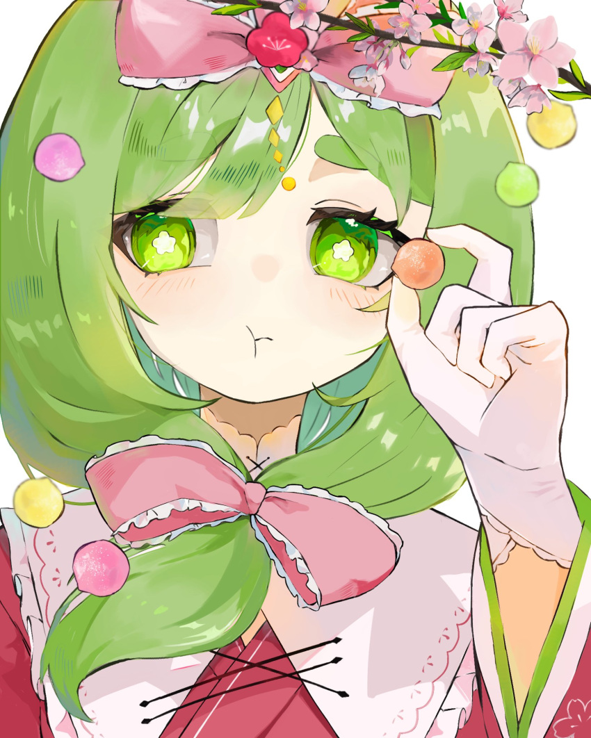 1girl, alternate_costume, blush, bow, candy, cherry_blossoms, chokomaron, closed_mouth