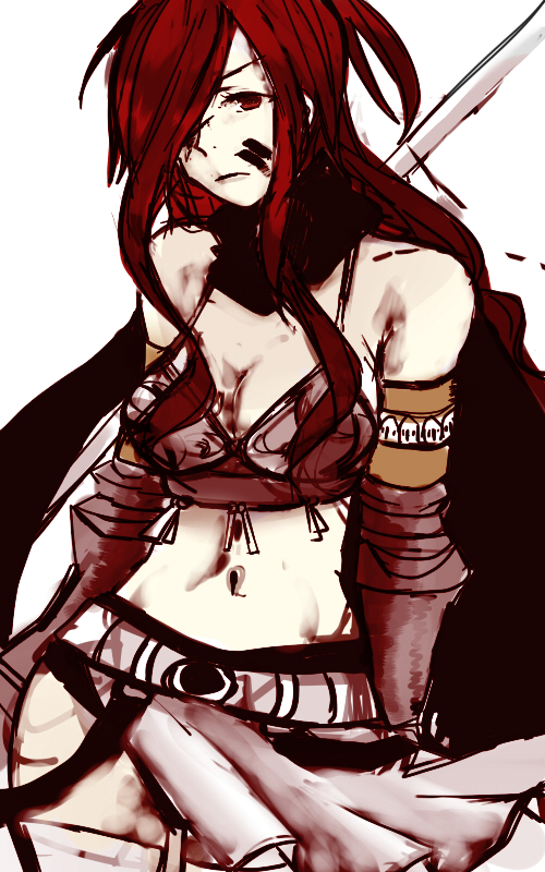 bad_id, belt, bikini_armor, blood, breasts, erza_knightwalker, facial_mark, fairy_tail