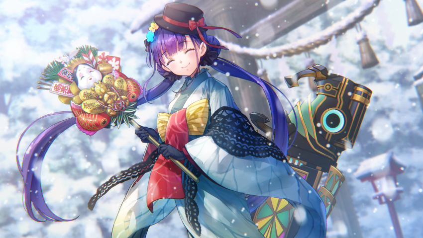 1girl, ^_^, black_gloves, black_hat, blue_flower, blunt_bangs, blurry, blurry_background, blush, bow, closed_eyes, closed_mouth, cowboy_shot, day, double_bun, eyelashes, facing_viewer, floating_hair, flower, furisode, gloves, gun, hair_bun, hair_flower, hair_ornament, hat, hat_bow, hat_ribbon, hatsumoude, heaven_burns_red, highres, holding, japanese_clothes, kimono, kumade, lantern, long_hair, long_sleeves, low_twintails, mask, new_year, official_alternate_costume, official_art, okame_(mask), outdoors, red_bow, red_ribbon, ribbon, satsuki_mari, satsuki_mari_(bashful_smile_stealing_hearts), smile, snow, snowing, solo, straight_hair, sun_hat, third-party_source, torii, twintails, very_long_hair, weapon, white_kimono, wide_sleeves, winter, yellow_bow, yellow_flower