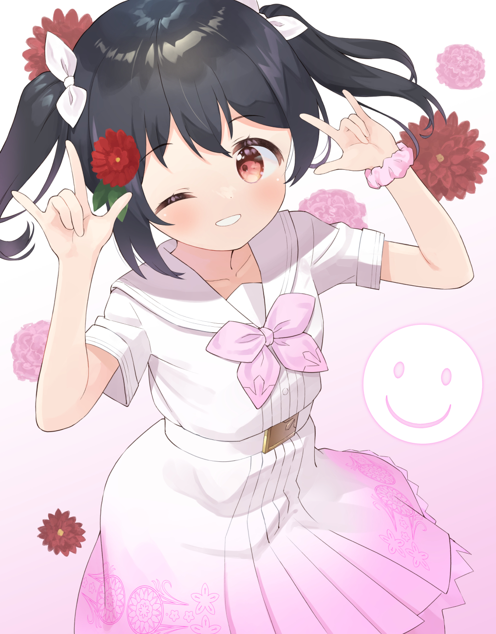 1girl, \m/, a_song_for_you!_you?_you!!, belt, black_hair, bow, bowtie, commentary_request