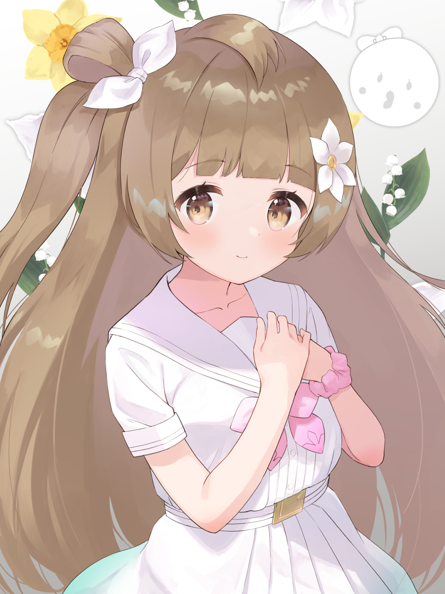 1girl, a_song_for_you!_you?_you!!, belt, blunt_bangs, bow, bowtie, brown_eyes, brown_hair