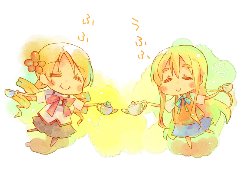 =_=, ^_^, blonde_hair, chibi, closed_eyes, crossover, cup, drill_hair, eyes_closed, flower, hair_flower, hair_ornament, k-on!, kotobuki_tsumugi, long_hair, mahou_shoujo_madoka_magica, multiple_girls, nekokun, pantyhose, plaid, plaid_skirt, pleated_skirt, school_uniform, skirt, smile, sweater_vest, tartan, teacup, teapot, tomoe_mami