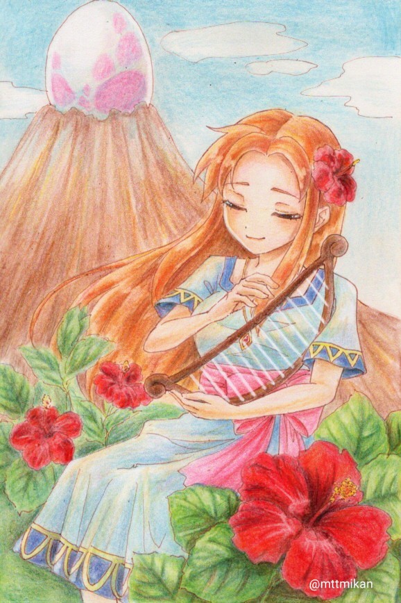 1girl, closed_eyes, colored_pencil_(medium), commentary_request, dress, flower, hair_flower, hair_ornament