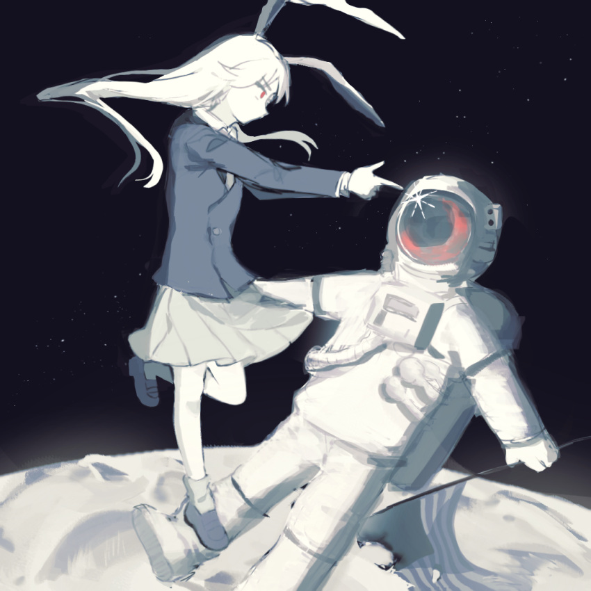 1girl, 1other, american_flag, animal_ears, astronaut, black_jacket, black_shoes, buttons