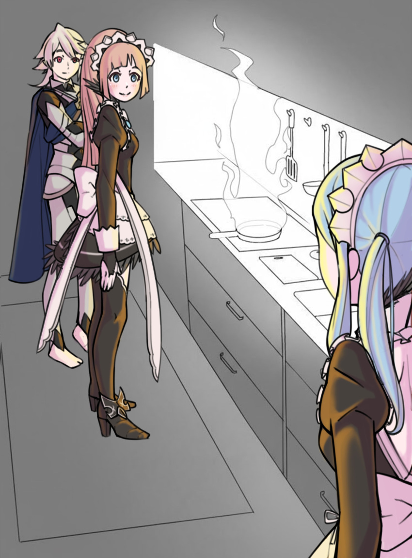 1boy, 2girls, absurdres, armor, black_dress, black_thighhighs, blue_cape, blue_hair