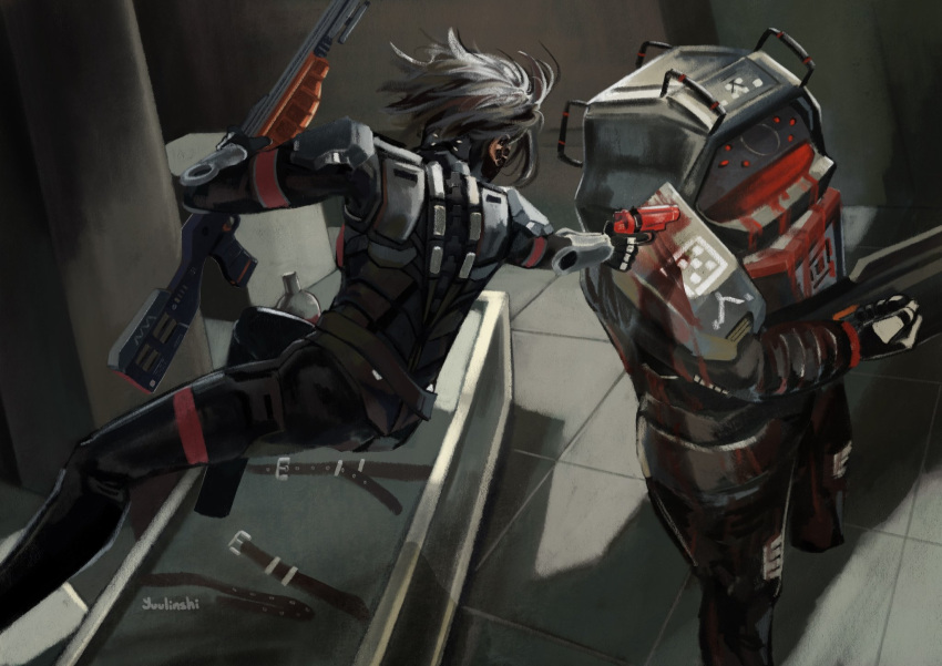 2girls, android, belt, black_hair, blood, corrupted_mynah_(signalis), dual_wielding, dynamic_pose, elster_(signalis), from_above, gun, highres, holding, holding_gun, holding_weapon, indoors, jumping, metal_skin, midair, multiple_girls, short_hair, signalis, tile_floor, tiles, unworn_belt, weapon, yuulinshi