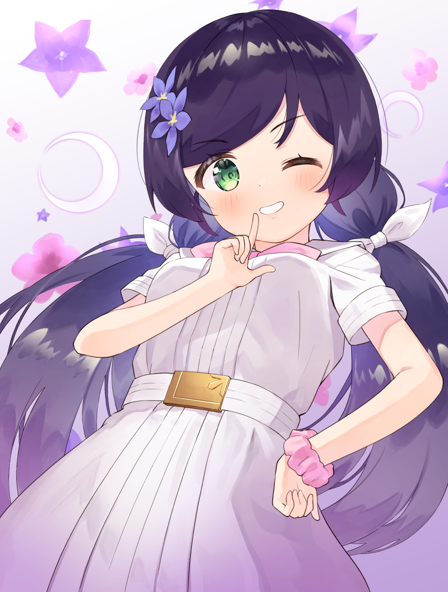 1girl, a_song_for_you!_you?_you!!, belt, bow, bowtie, breasts, commentary_request, dress, eichisu, gradient_background, grin, hair_ornament, hair_scrunchie, hand_on_own_hip, highres, index_finger_raised, long_hair, love_live!, love_live!_school_idol_project, low_twintails, medium_breasts, official_alternate_costume, one_eye_closed, parted_bangs, pink_bow, pink_bowtie, pink_scrunchie, pleated_dress, purple_background, purple_hair, sailor_collar, sailor_dress, scrunchie, short_sleeves, smile, solo, swept_bangs, tojo_nozomi, twintails, v-shaped_eyebrows, white_belt, white_dress, white_sailor_collar, wrist_scrunchie