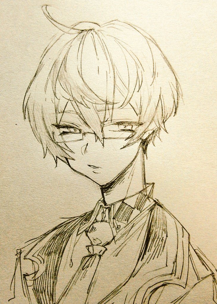 1boy, ahoge, collared_shirt, commentary_request, crossed_bangs, glasses, grimms_notes, hair_between_eyes