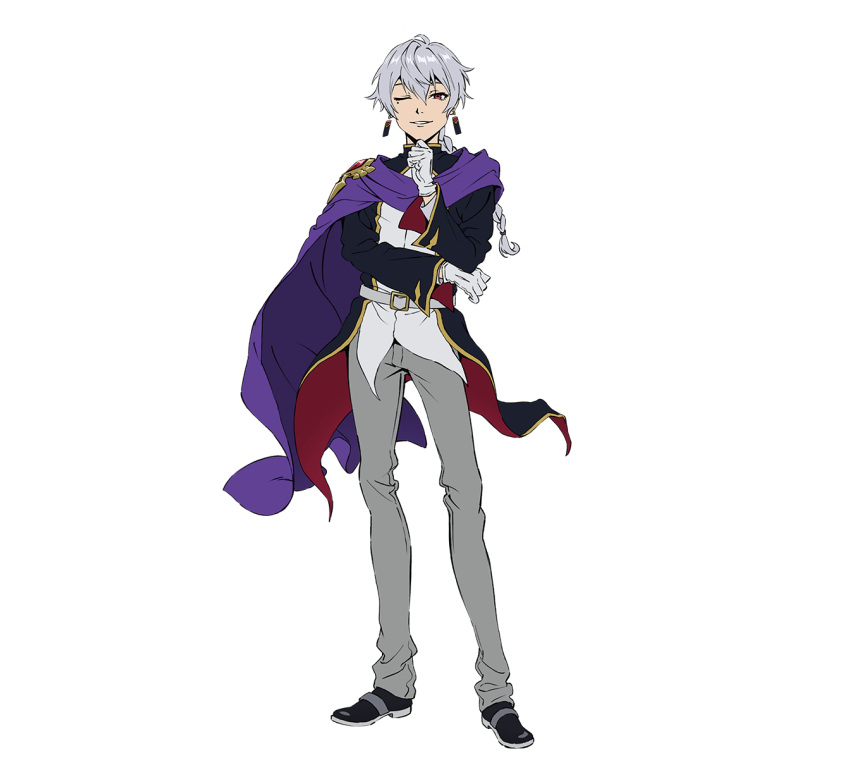 1boy, artist_request, belt, black_shoes, braid, cape, earrings, full_body
