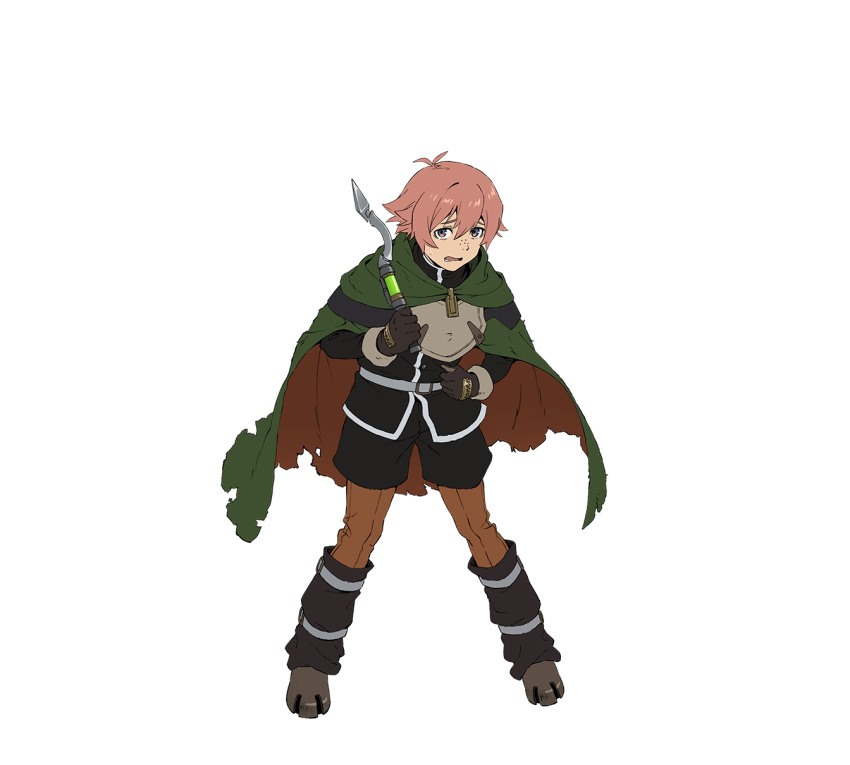 1boy, antenna_hair, armor, artist_request, boots, breastplate, cloak, freckles