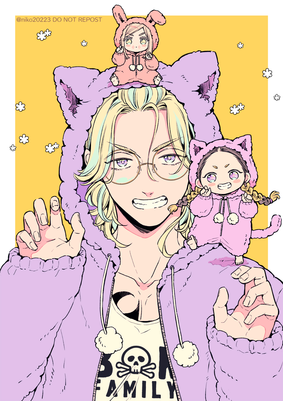 3boys, aqua_hair, blonde_hair, brown_hair, cat_pajamas, commentary_request, fluffy_clothes, glasses