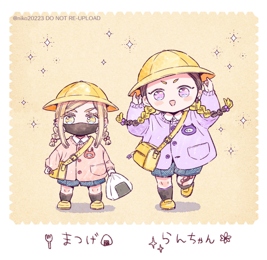 2boys, aged_down, bag, blonde_hair, brown_hair, child, commentary_request, ear_piercing