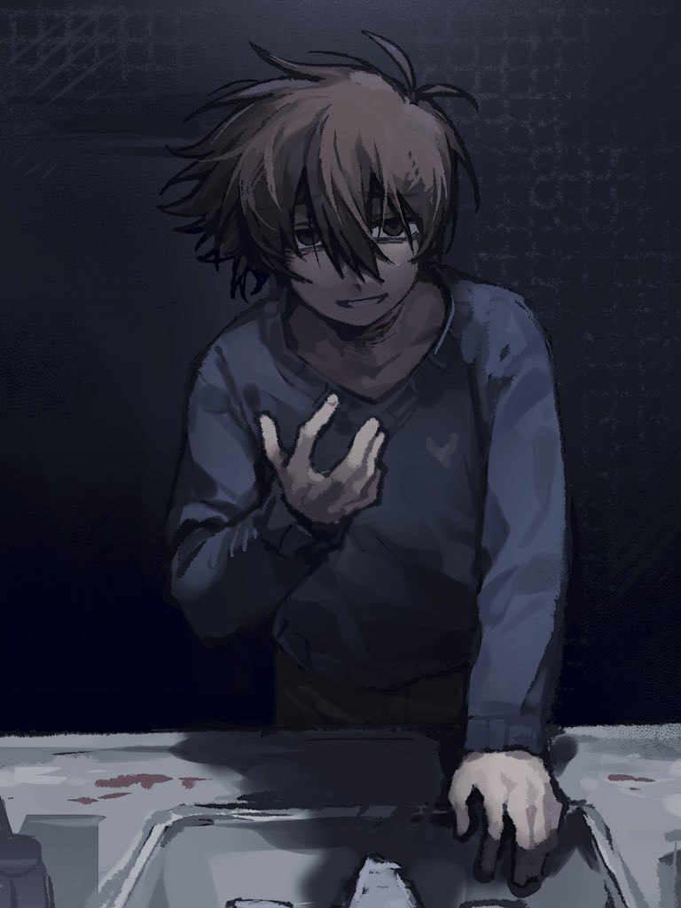 1boy, alternate_eye_color, antenna_hair, bathroom, blue_sweater, brown_eyes, brown_hair, commentary