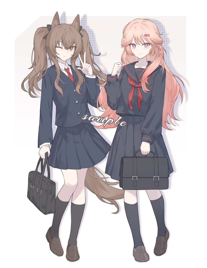 2girls, ;), absurdres, alternate_costume, angelina_(arknights), animal_ears, arknights, bag