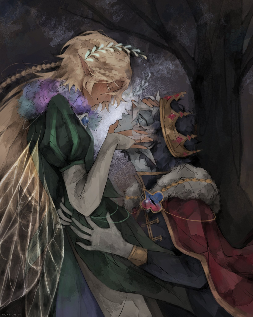 2boys, blue_eyes, blue_skin, blush, braid, cape, closed_mouth, colored_skin, cookie_run, cookie_run:_kingdom, crown, dark-skinned_male, dark_skin, facial_tattoo, fairy_wings, flower, frown, fur_trim, gloves, highres, hydrangea, implied_yaoi, laurel_crown, long_sleeves, looking_at_another, male_focus, multicolored_hair, multiple_boys, noxnoeyx, outdoors, pants, personification, pointy_ears, puffy_long_sleeves, puffy_sleeves, pure_vanilla_cookie, pure_vanilla_cookie_(viridescent_daydream), shadow_milk_cookie_(an_ad-lib_ending), short_hair, signature, smile, tattoo, tree, white_gloves, white_hair, white_pants, wings