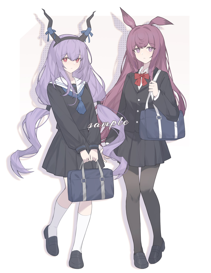 2girls, absurdres, alternate_costume, animal_ears, arknights, ascot, bag, black_hairband