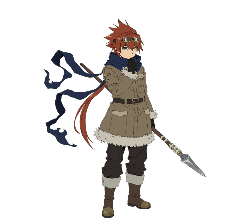 1boy, artist_request, belt, black_gloves, blue_scarf, boots, closed_mouth, coat, full_body, gloves, goggles, goggles_on_head, green_eyes, hair_between_eyes, highres, holding, holding_polearm, holding_weapon, knee_boots, long_hair, looking_at_viewer, low_ponytail, official_art, partiract_jayce, polearm, ponytail, red_hair, scarf, solo, spear, spiky_hair, standing, transparent_background, weapon, yuushakei_ni_shosu