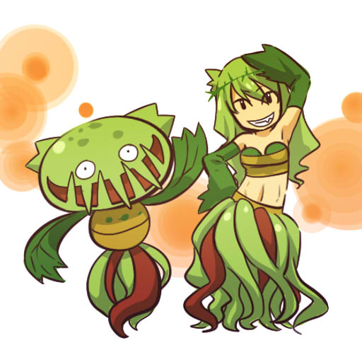 1girl, arm_raised, armpits, bare_shoulders, carnivine, circlet, cosplay, detached_sleeves