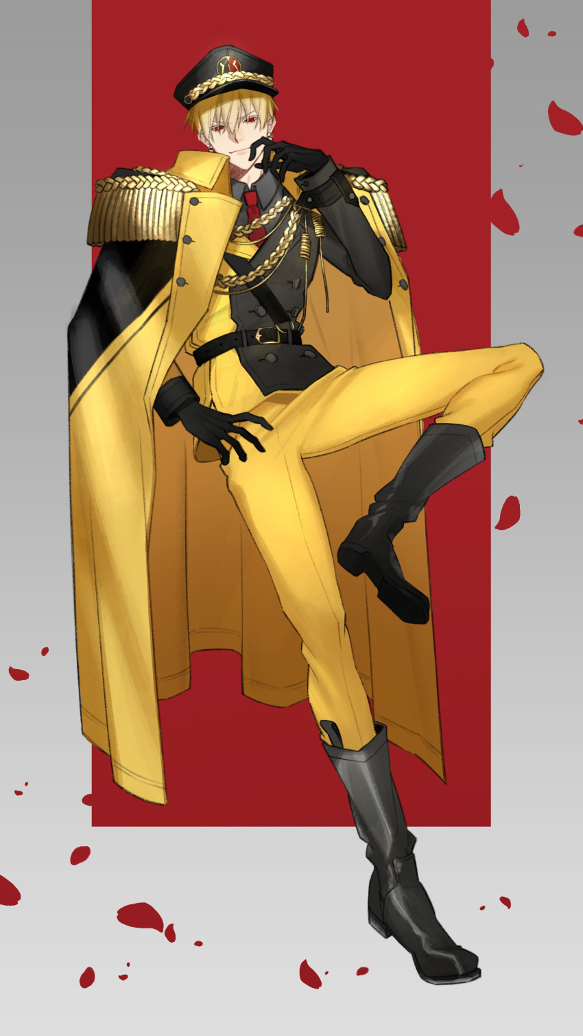 1boy, absurdres, belt, belt_buckle, black_belt, black_boots, black_gloves, blonde_hair, boots, buckle, buttons, closed_mouth, coat, coat_on_shoulders, collared_shirt, commentary_request, double-breasted, fate_(series), full_body, gilgamesh_(fate), gilgamesh_(wada_arco_exhibition)_(fate), gloves, grey_background, hair_between_eyes, hand_up, hat, highres, long_sleeves, looking_at_viewer, male_focus, military_hat, military_uniform, necktie, pants, petals, raisakaki01, red_background, red_eyes, red_necktie, red_petals, shirt, short_hair, simple_background, smile, solo, two-tone_background, yellow_pants
