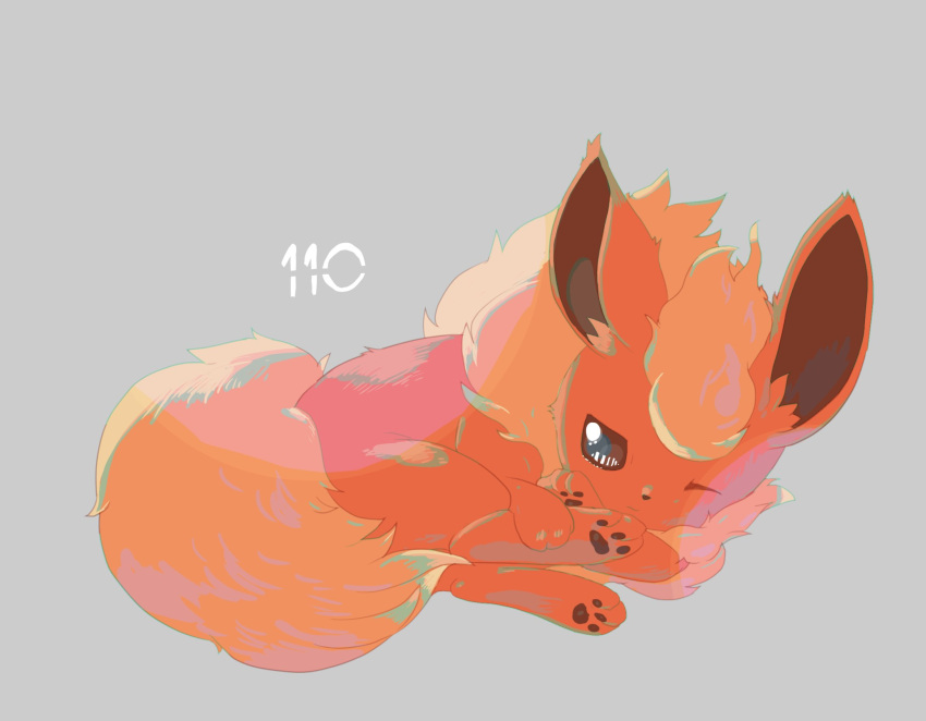 animal_focus, black_eyes, flareon, full_body, grey_background, hashtag-only_commentary, highres, hinekure
