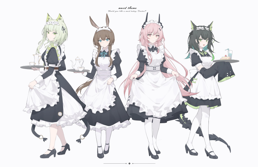 4girls, :d, absurdres, alternate_costume, amiya_(arknights), animal_ear_fluff, animal_ears, apron, arknights, black_dress, black_horns, black_shoes, black_sleeves, black_tail, blue_bow, blue_bowtie, blue_eyes, bow, bowtie, cake, cake_slice, chinese_commentary, commentary_request, cup, detached_sleeves, dress, drink, drinking_straw, english_text, enmaided, food, frilled_apron, frilled_dress, frills, green_eyes, green_hair, hair_between_eyes, highres, holding, holding_tray, horns, juliet_sleeves, kal'tsit_(arknights), long_hair, long_sleeves, looking_at_viewer, maid, maid_apron, maid_headdress, mon3tr_(arknights), multiple_girls, no_socks, official_alternate_costume, open_mouth, pantyhose, petticoat, pink_eyes, pink_hair, puffy_short_sleeves, puffy_sleeves, sflr, shoes, short_sleeves, simple_background, single_sleeve_past_fingers, skirt_hold, smile, tail, teacup, theresa_(arknights), tray, white_apron, white_background, white_pantyhose