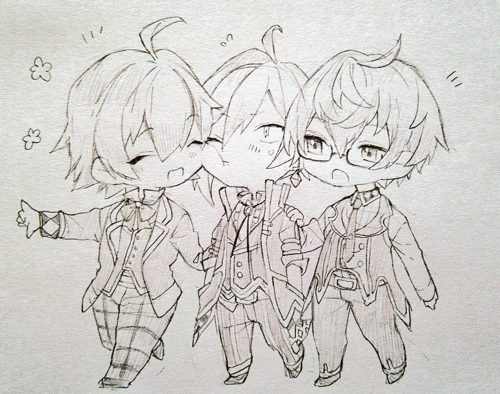 3boys, ahoge, buttons, chibi, chibi_only, coat, collared_shirt, commentary_request
