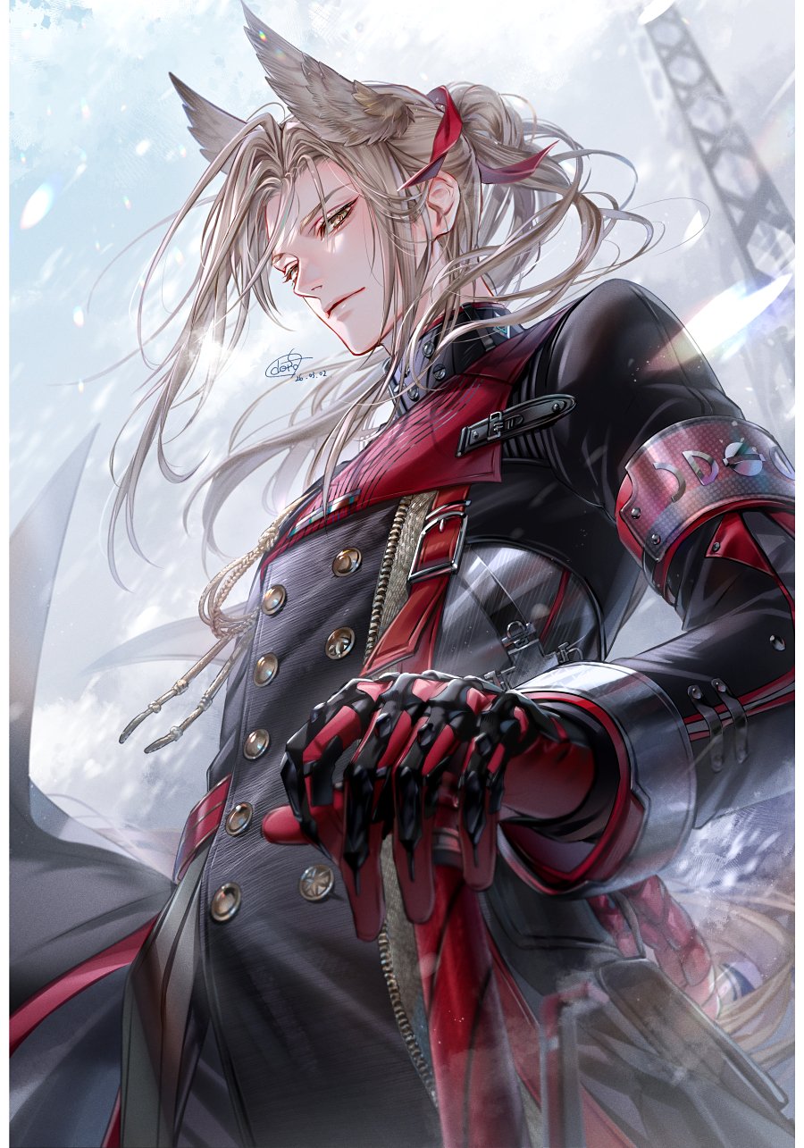 1boy, arknights, arknights:_endfield, armband, bird_boy, black_coat, black_gloves, check_commentary