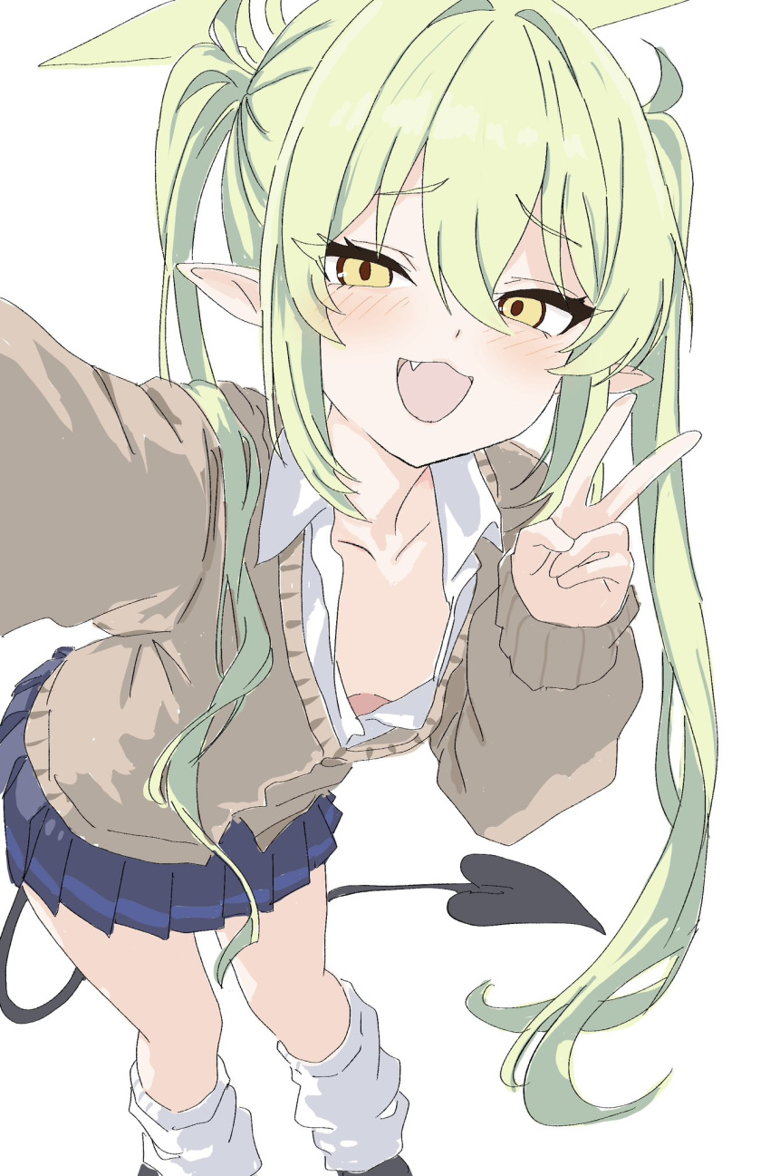 blue_archive, breasts, cardigan, commentary_request, demon_tail, furrowed_brow, green_hair, highres, kamitosayu, leg_warmers, long_sleeves, looking_at_viewer, nozomi_(blue_archive), pleated_skirt, pointy_ears, school_uniform, selfie, skirt, small_breasts, tail, twintails, v, white_background, yellow_eyes