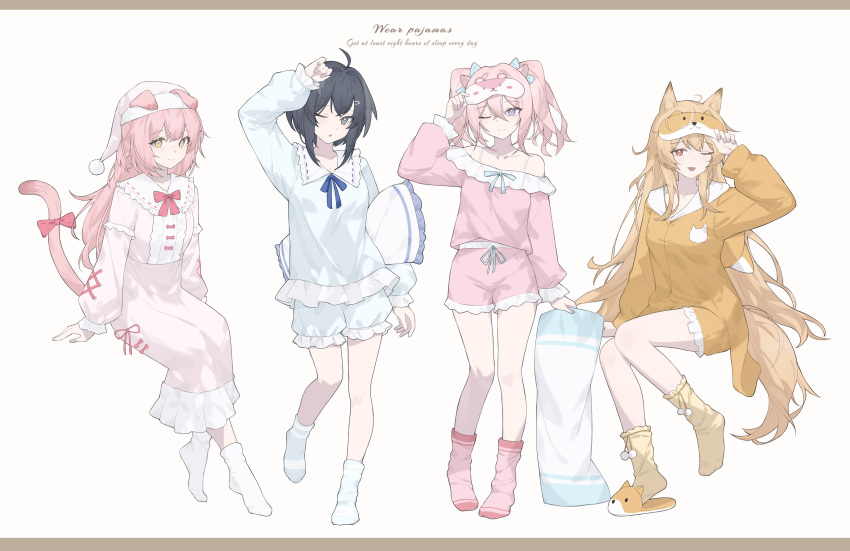 4girls, ;d, ;o, absurdres, ahoge, alternate_costume, animal_ears, arknights, arm_up, bare_shoulders, black_hair, blonde_hair, blue_pajamas, blue_ribbon, blue_shirt, blue_shorts, bow, ceobe_(arknights), chinese_commentary, closed_mouth, commentary_request, ears_through_headwear, english_text, frilled_shorts, frilled_sleeves, frills, full_body, goldenglow_(arknights), grey_eyes, hair_between_eyes, hair_ornament, hairclip, hat, highres, holding, holding_pillow, invisible_chair, la_pluma_(arknights), long_hair, long_sleeves, looking_at_viewer, medium_hair, multiple_girls, off_shoulder, one_eye_closed, pajamas, parted_lips, pillow, pink_bow, pink_hair, pink_pajamas, pink_shirt, pink_shorts, pink_skirt, pink_socks, pink_tail, pom_pom_(clothes), ribbon, sflr, shirt, short_hair, short_shorts, shorts, simple_background, single_slipper, sitting, skirt, sleep_mask, slippers, smile, socks, standing, tail, tail_bow, tail_ornament, u-official_(arknights), violet_eyes, white_background, white_hat, white_socks, yellow_eyes, yellow_pajamas, yellow_shirt, yellow_shorts, yellow_socks, yellow_tail