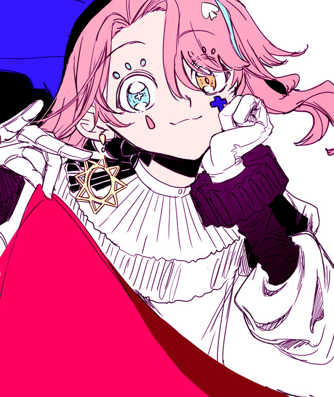 1girl, blue_eyes, checkered_hat, closed_mouth, commentary_request, gloves, hat, heterochromia