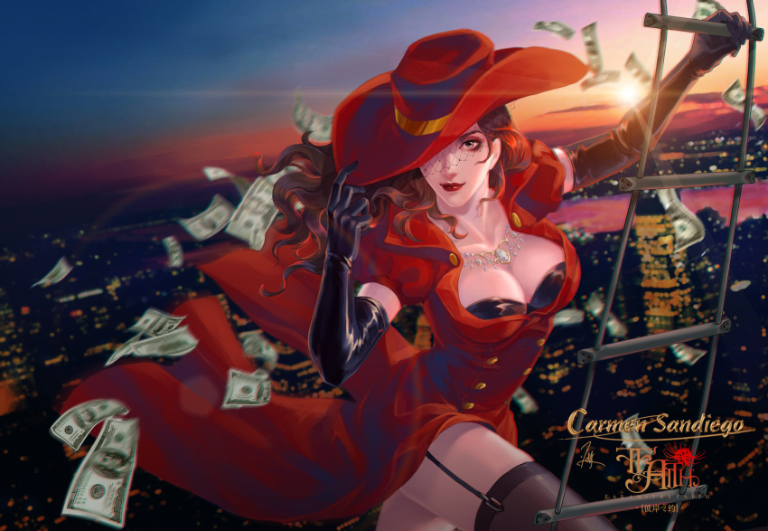 1girl, artist_name, banknote, black_gloves, brown_hair, building, carmen_sandiego, carmen_sandiego_(series)