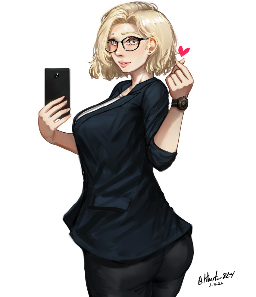 1girl, absurdres, ass, black-framed_eyewear, black_pants, blonde_hair, cellphone, commentary