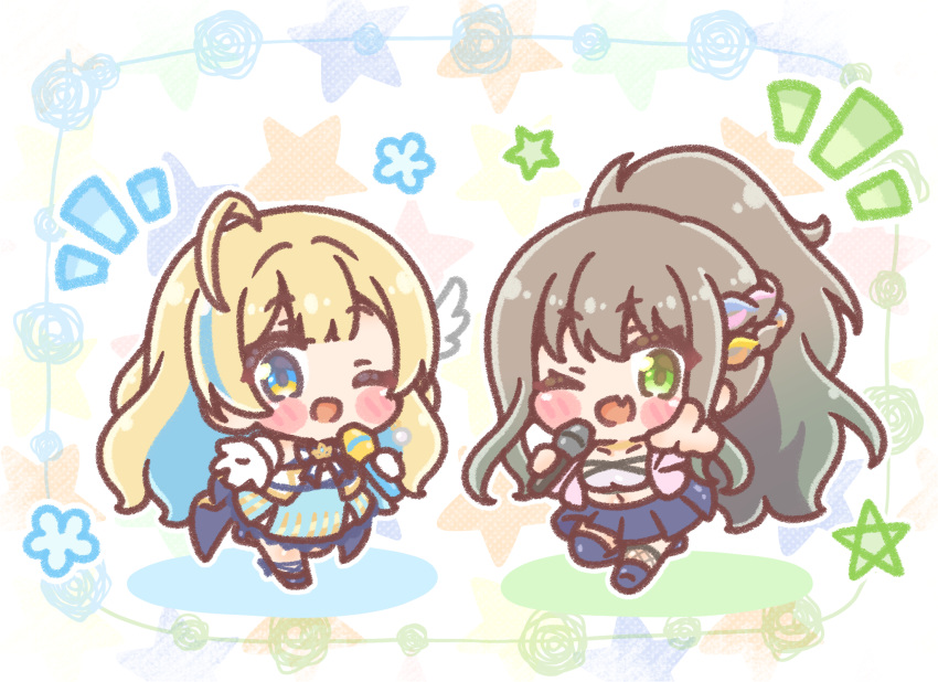 2girls, ;d, asymmetrical_legwear, blue_skirt, blue_socks, blue_thighhighs, blush_stickers, braid