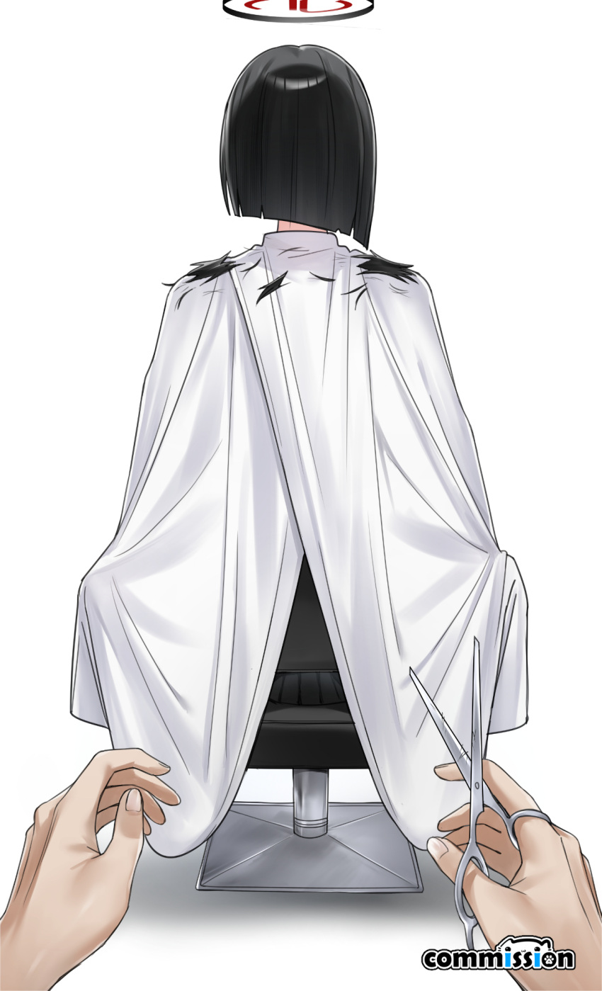 1boy, 1girl, alternate_hair_length, alternate_hairstyle, asymmetrical_hair, barber_cape, black_hair, blue_archive
