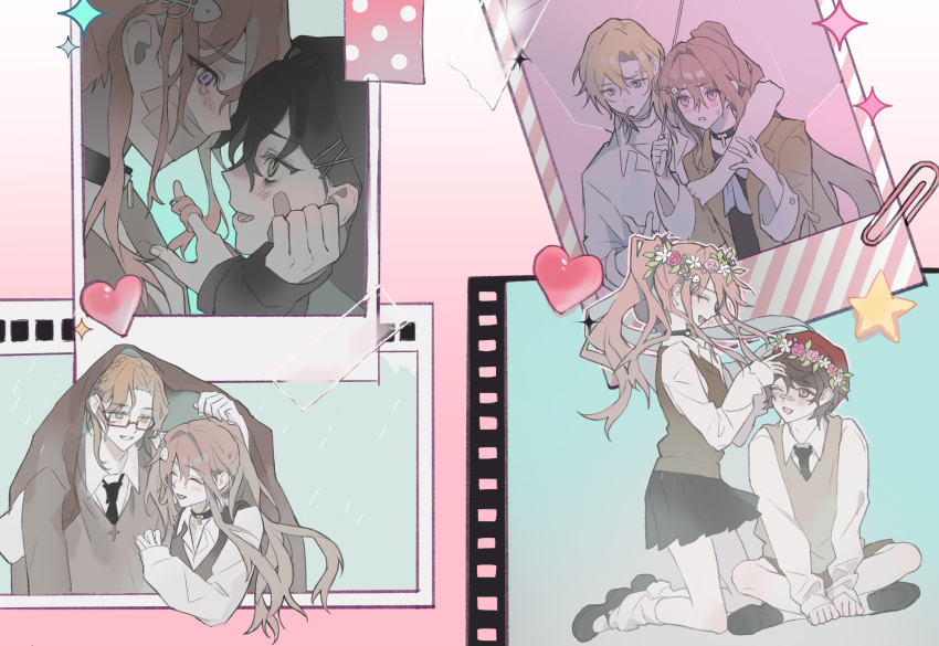 1girl, 4boys, ;d, ^_^, ankle_socks, artist_request, bandaid, bandaid_on_face