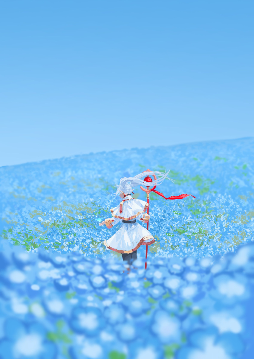 1girl, absurdres, black_pantyhose, blue_flower, blue_sky, capelet, commentary, dress