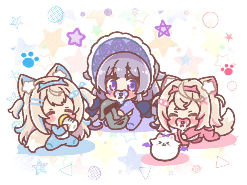 3girls, aged_down, animal_ear_fluff, animal_ears, baby_bottle, blue_hair, blue_hairband, bonnet