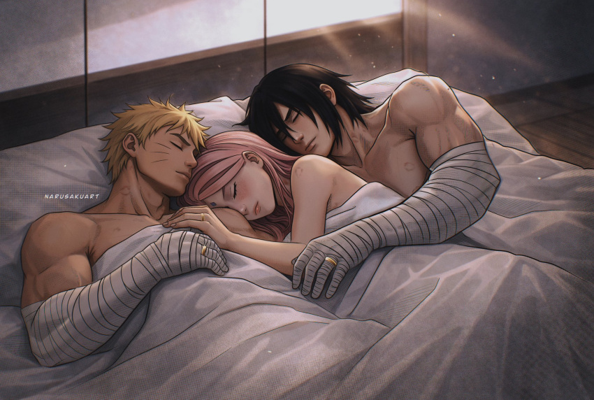 1girl, 2boys, artist_name, bandaged_arm, bandages, bed, black_hair, blonde_hair
