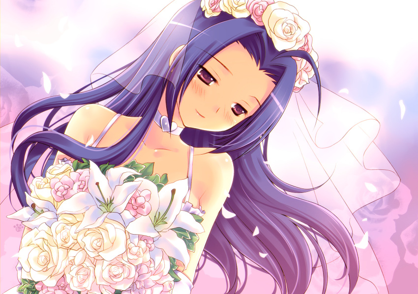 ahoge, bare_shoulders, blue_hair, bouquet, choker, dress, dutch_angle, flower