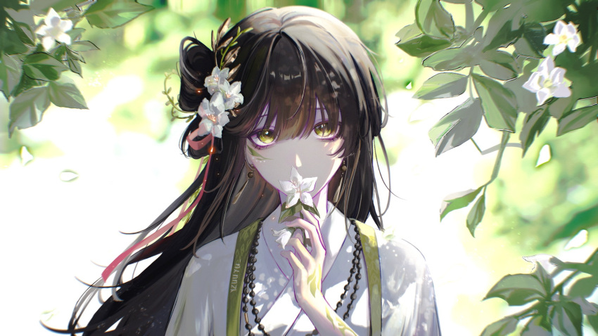 1girl, black_hair, chinese_clothes, flower, hair_flower, hair_ornament, hand_up, highres