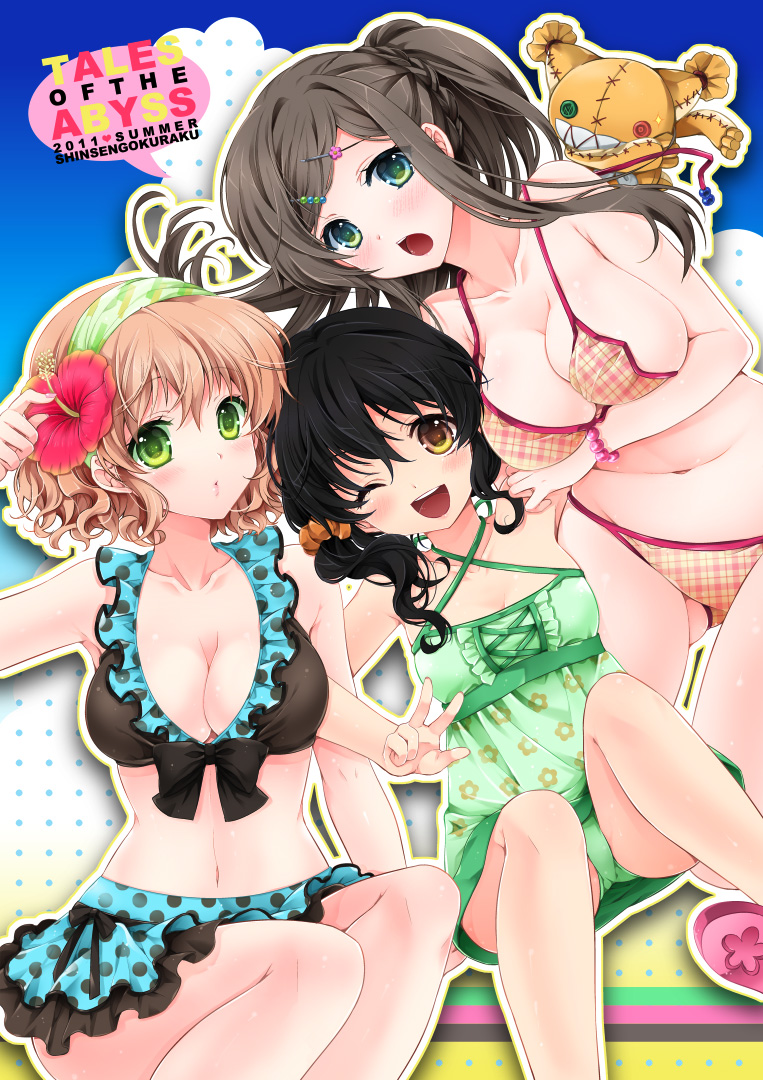 :d, :o, alternate_hairstyle, anise_tatlin, bikini, black_hair, blonde_hair, bracelet